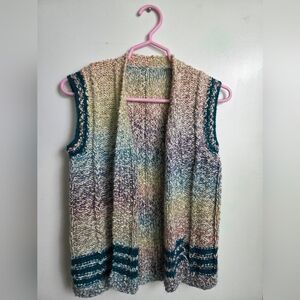 Multicolor Hand Knit Sweater Vest Open Cardigan Womens Size S/M